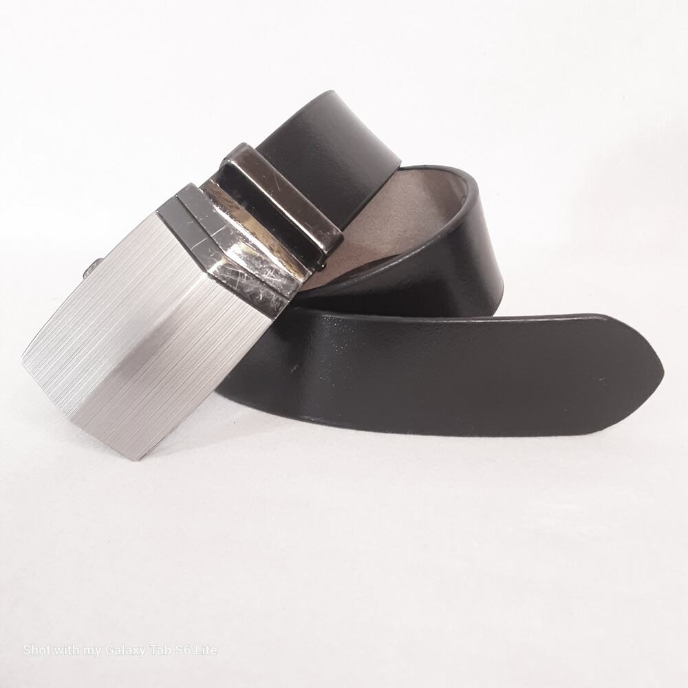 💎N.U Leather Ratchet Belt 33 Waist Black Leather Strap Brushed SilverTone Buckle